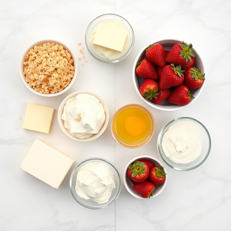 Ingredients for creamy strawberry swirl cheesecake on a marble surface