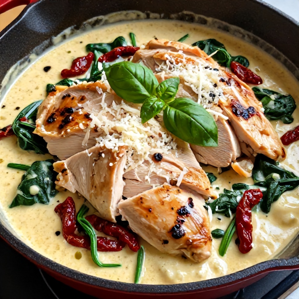Plated Creamy Sun-Dried Tomato Chicken Skillet with Spinach