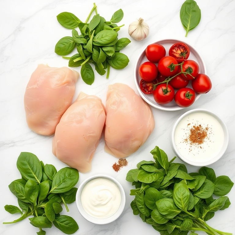 Raw ingredients for Creamy Sun-Dried Tomato Chicken Skillet with Spinach