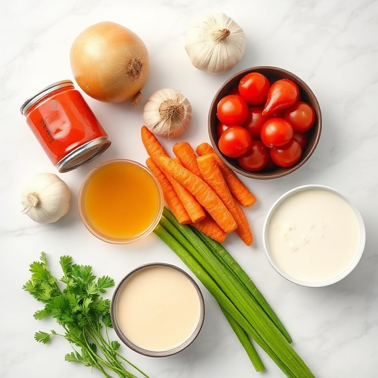 Canned Tomatoes, Onion, Garlic, Carrots, Celery, Chicken Broth, Heavy Cream