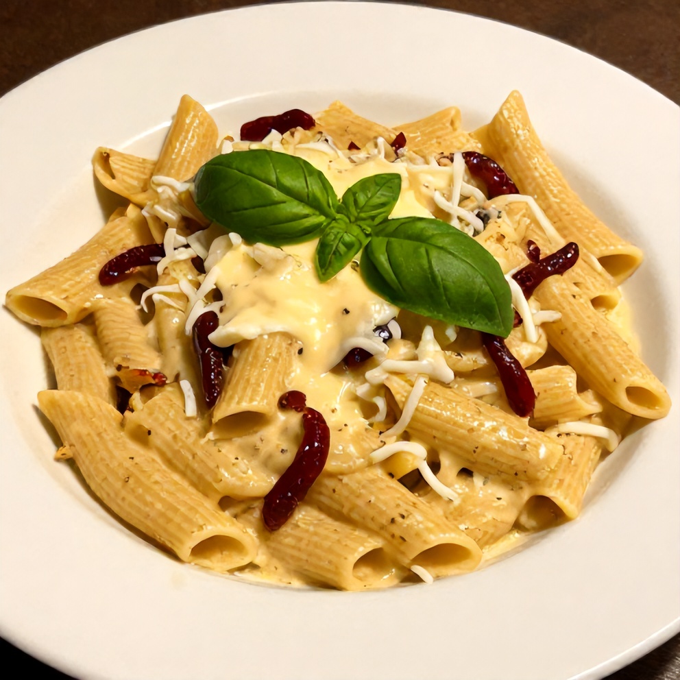 One perfect plated serving of Creamy Vegan Sun Dried Tomato Pasta, garnished with fresh basil, on a white plate with a close crop and warm side lighting.