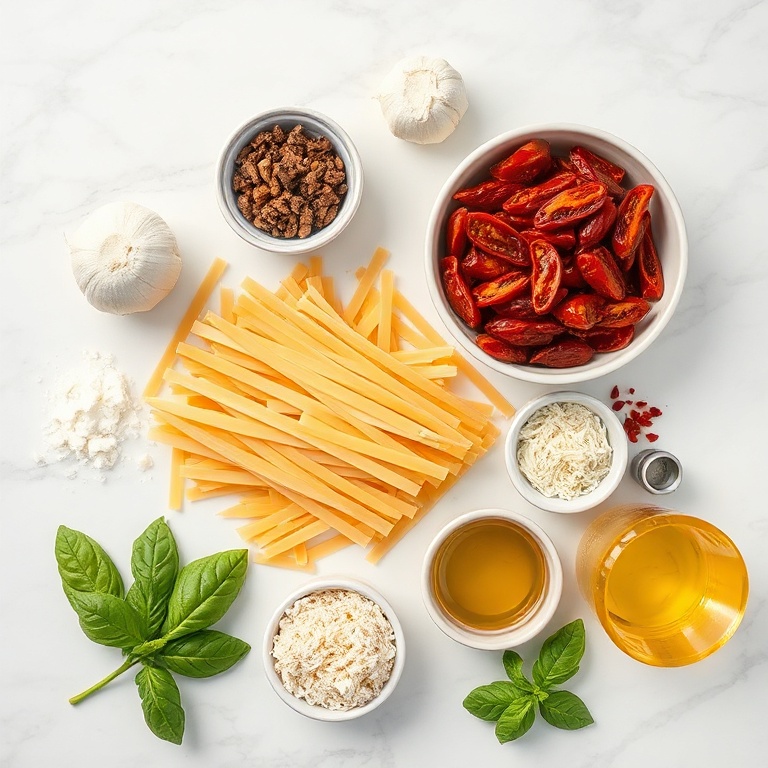 Raw ingredients for Creamy Vegan Sun Dried Tomato Pasta arranged in an overhead flat lay, including sun dried tomatoes, garlic, pasta, and nutritional yeast, on a white marble surface with bright even light.