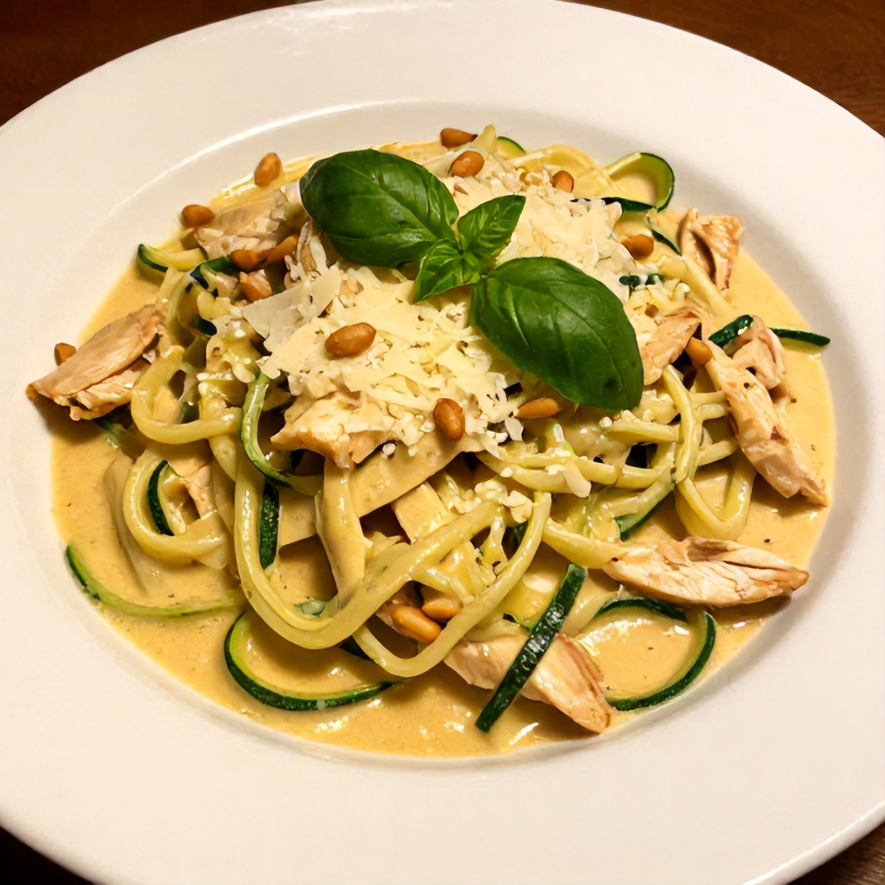 Finished Creamy Zucchini Noodle Chicken Alfredo