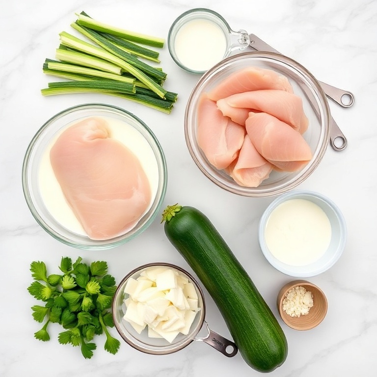 Raw ingredients for Creamy Zucchini Noodle Chicken Alfredo