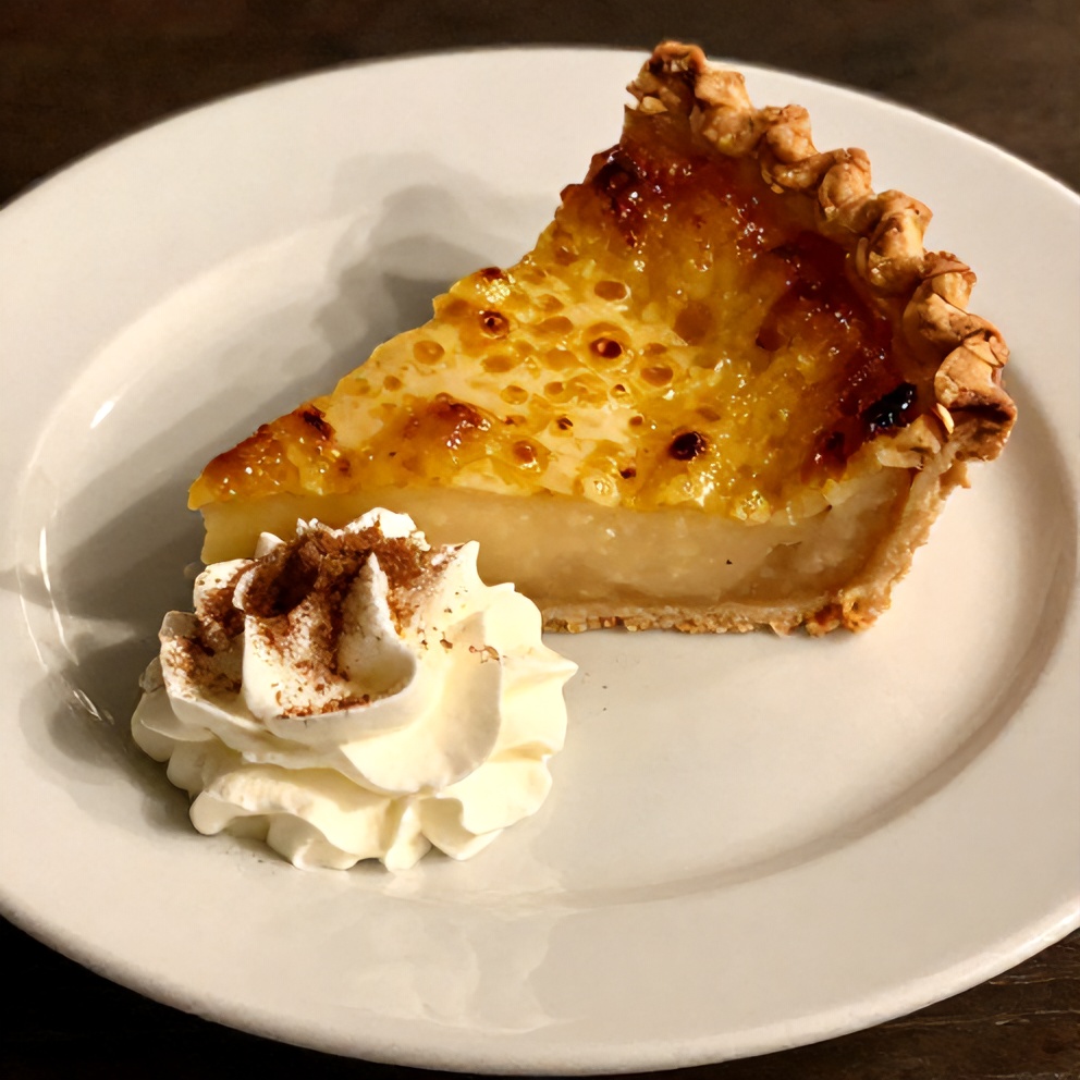 Sliced burnt honey pie on a plate