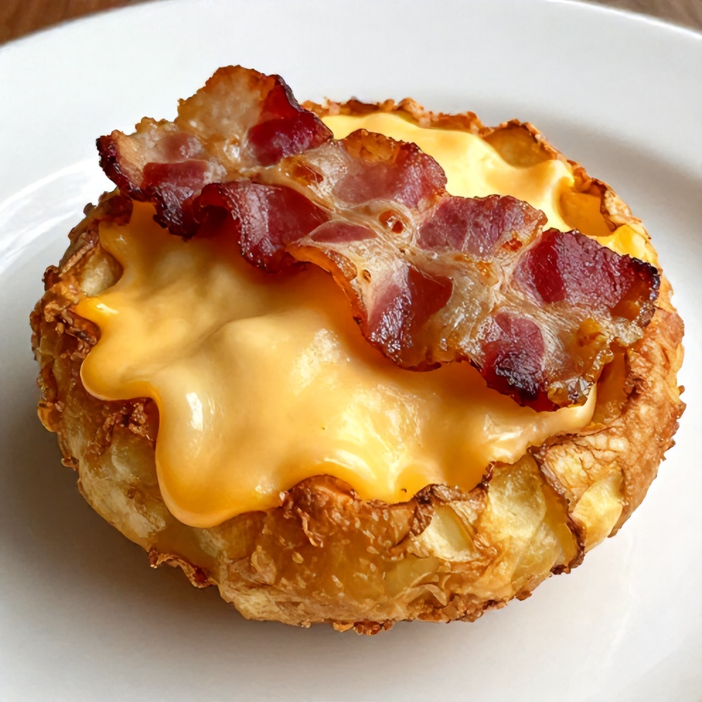 A close-up of a crispy cheesy potato skin with bacon on a white plate