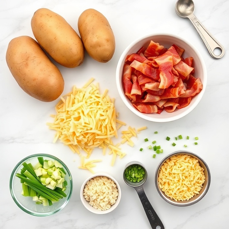 Bacon, potatoes, shredded cheese, and green onions arranged on a white marble surface