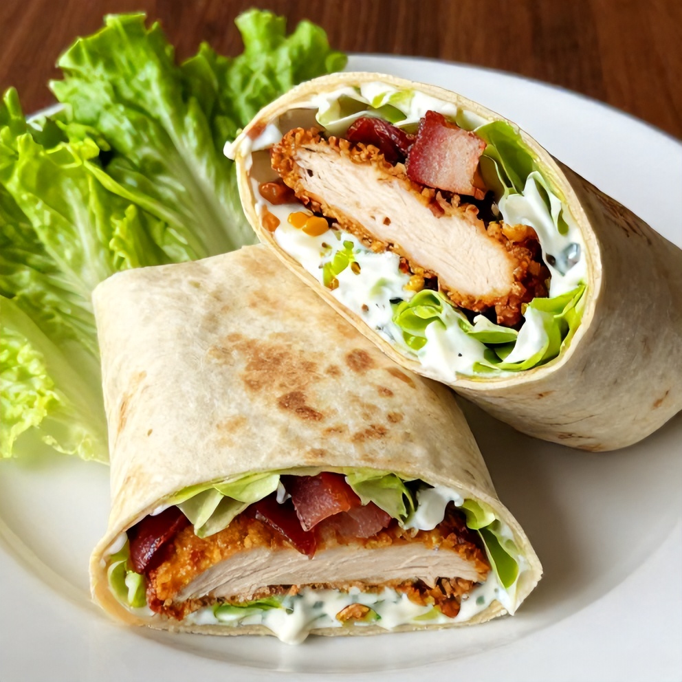 Plated Chicken Bacon Ranch Wrap with a side of lettuce