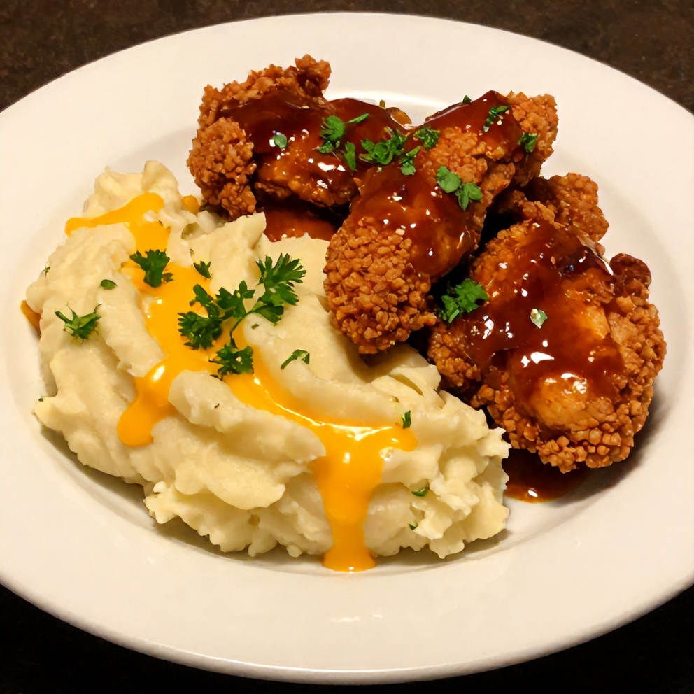 Crispy Chipotle Honey Chicken with Smoked Gouda Mashed Potatoes plated