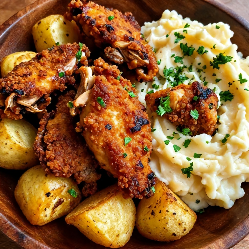 Finished Crispy Chipotle Honey Chicken Thighs with Gouda Mashed Potatoes