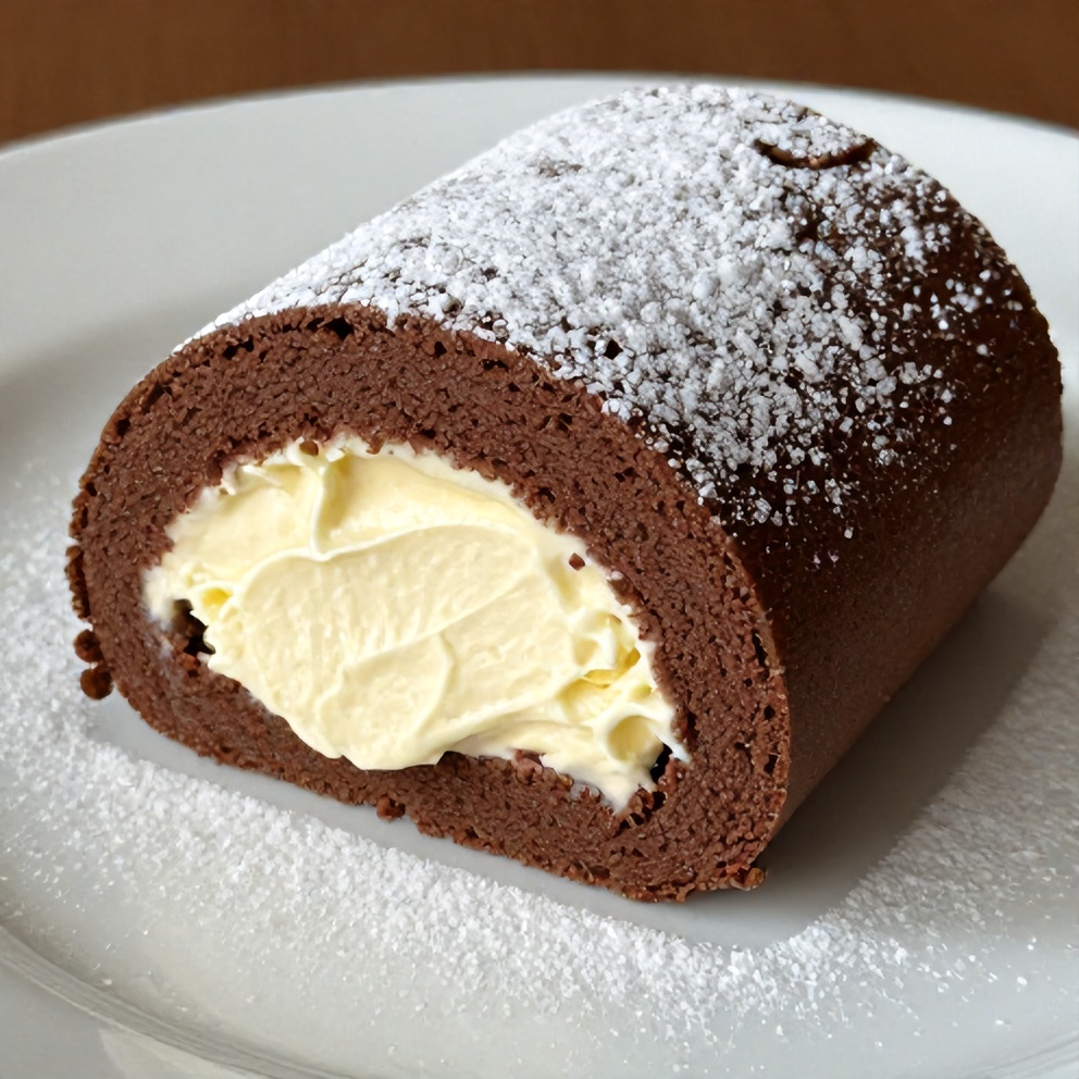 Chocolate rolls with vanilla cream cheese filling on a plate