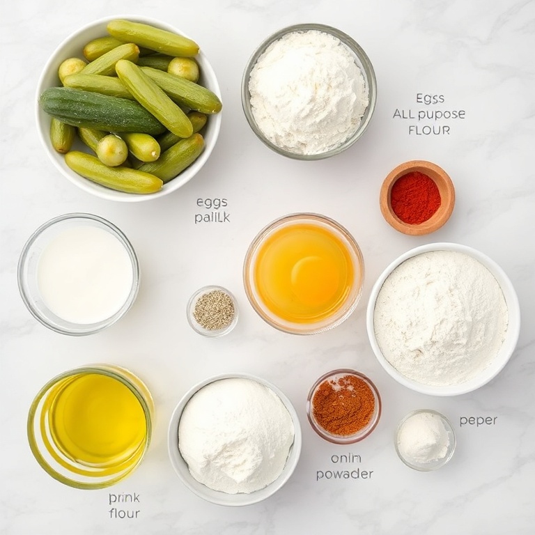 Raw ingredients for Crispy Dill Pickle Fritters on a white marble surface