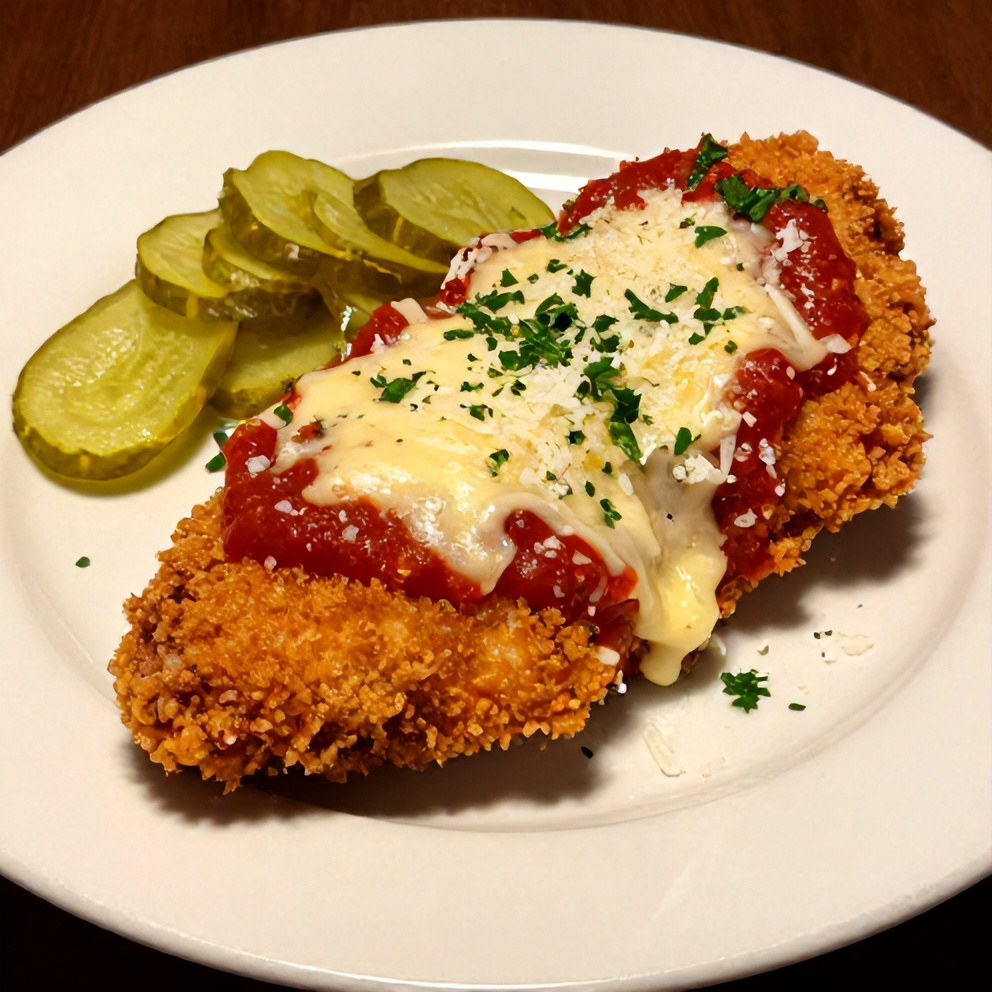 Crispy dill pickle parmesan chicken served on a plate