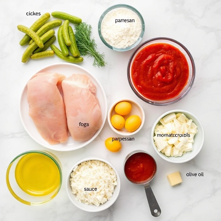 Raw ingredients for dill pickle parmesan chicken on a marble surface