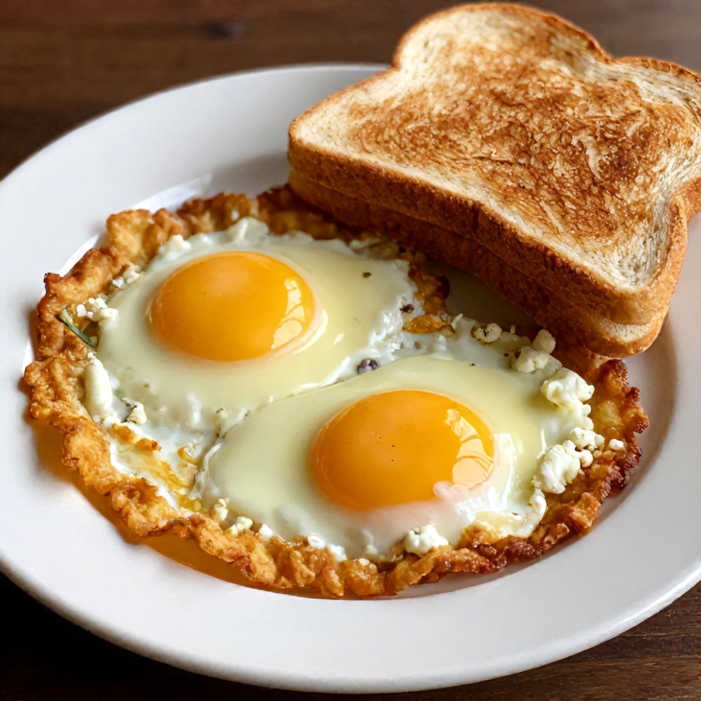 Crispy Feta Fried Eggs plated with a side of toast