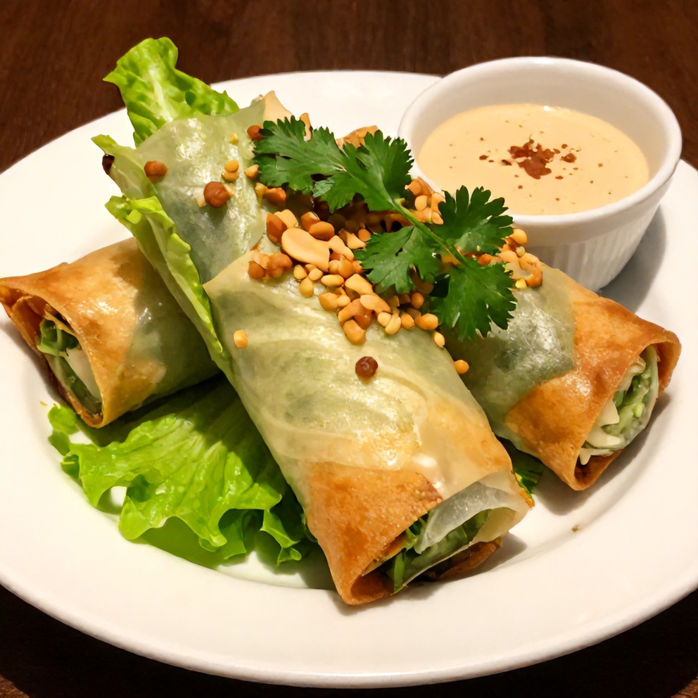 Plated crispy fresh lettuce wrapped veggie spring rolls with almond dip
