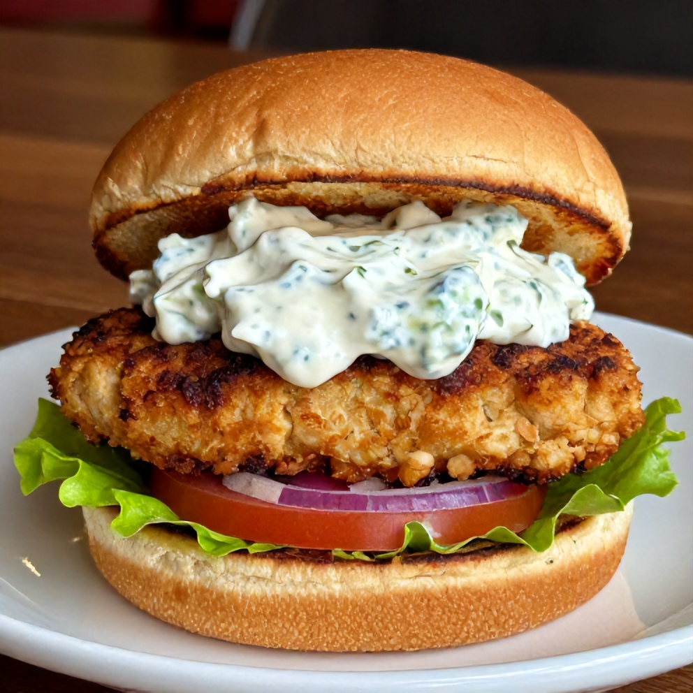 Plated Greek chicken burger with tzatziki sauce