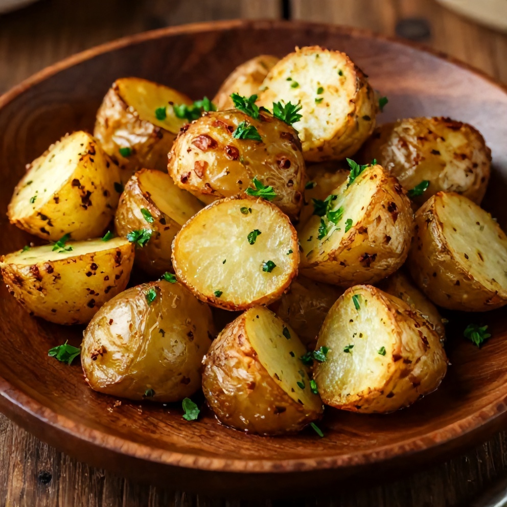 Plated serving of Crispy Greek Lemon Potatoes with fresh parsley