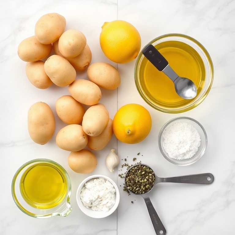 Raw ingredients for Greek Lemon Potatoes on a white marble surface