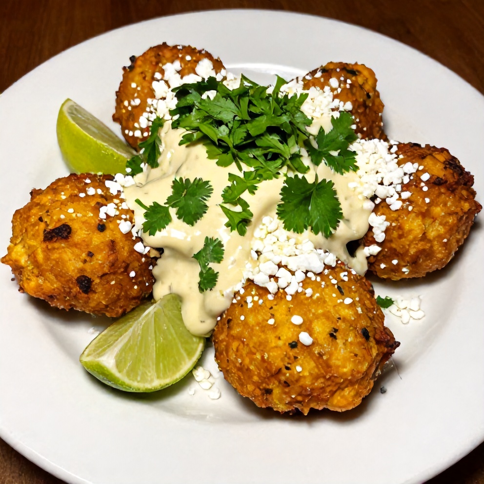 Plated Mexican street corn fritters with spicy lime sauce