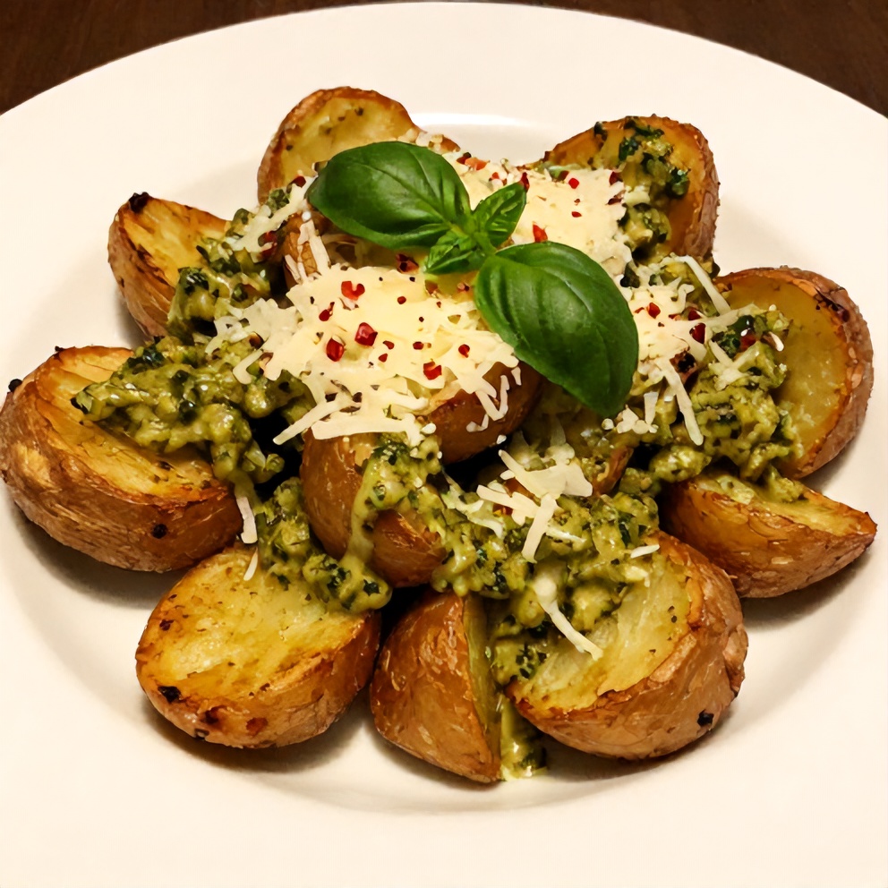 Plated serving of Crispy Parmesan Pesto Roasted Potatoes