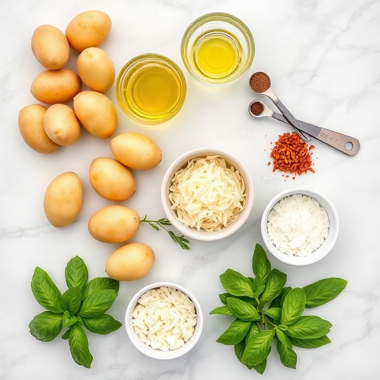Raw ingredients for Crispy Parmesan Pesto Roasted Potatoes on a marble surface