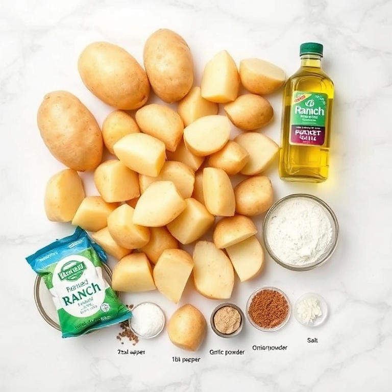 Raw ingredients for Crispy Ranch Potatoes including potatoes, oil, and ranch seasoning