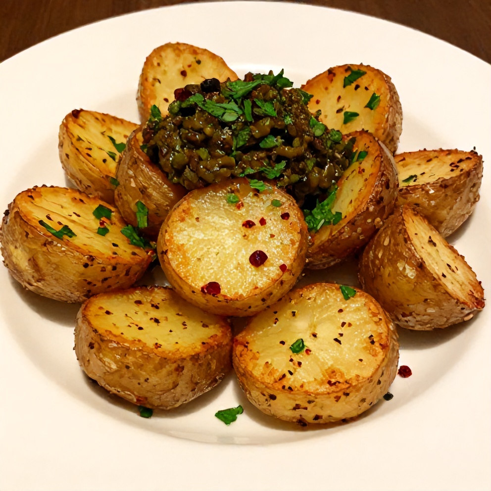 Plated crispy smashed potatoes with olive tapenade