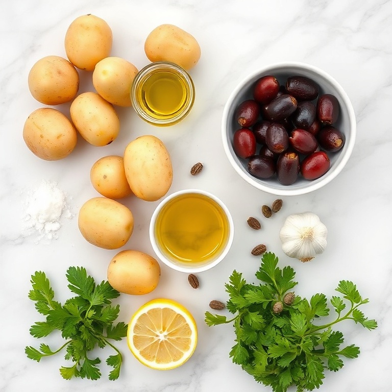 Raw ingredients for crispy smashed potatoes with olive tapenade