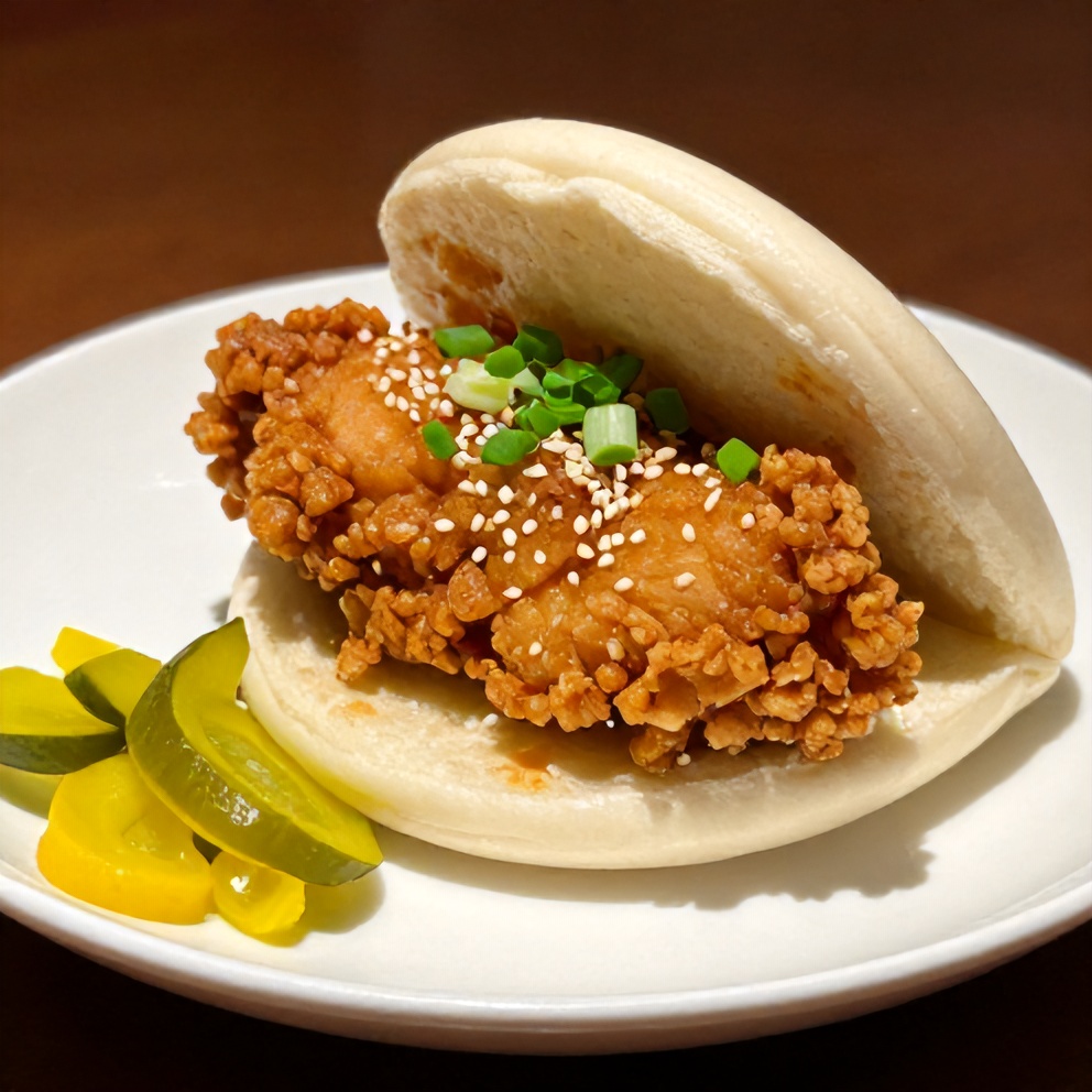 Crispy Sticky Chicken Bao Buns on a plate with a garnish of green onions