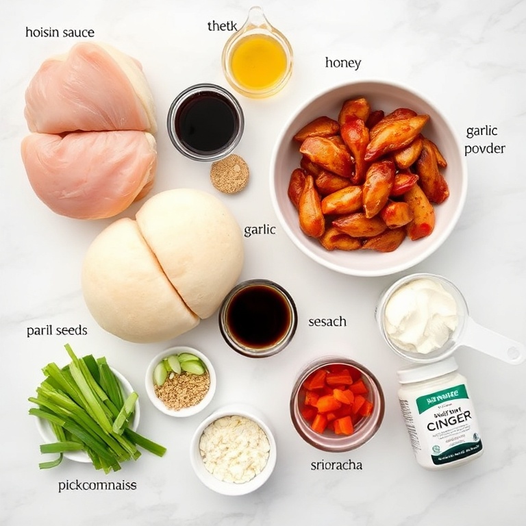 Ingredients for Crispy Sticky Chicken Bao Buns on a marble counter