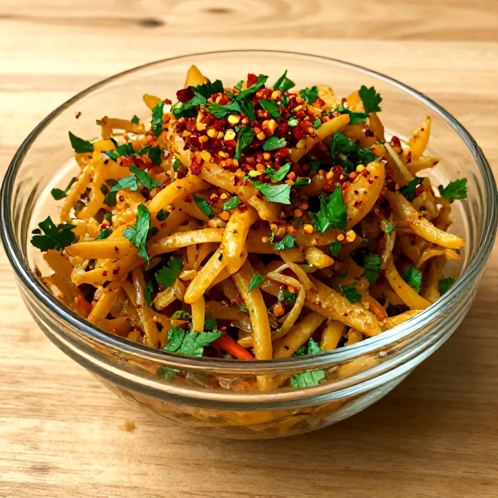 Crispy Sweet and Spicy Pickle Slaw served in a clear glass bowl