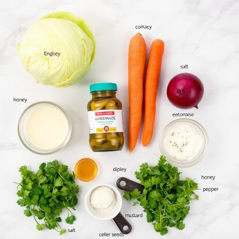 Raw ingredients for Crispy Sweet and Spicy Pickle Slaw on a white marble surface