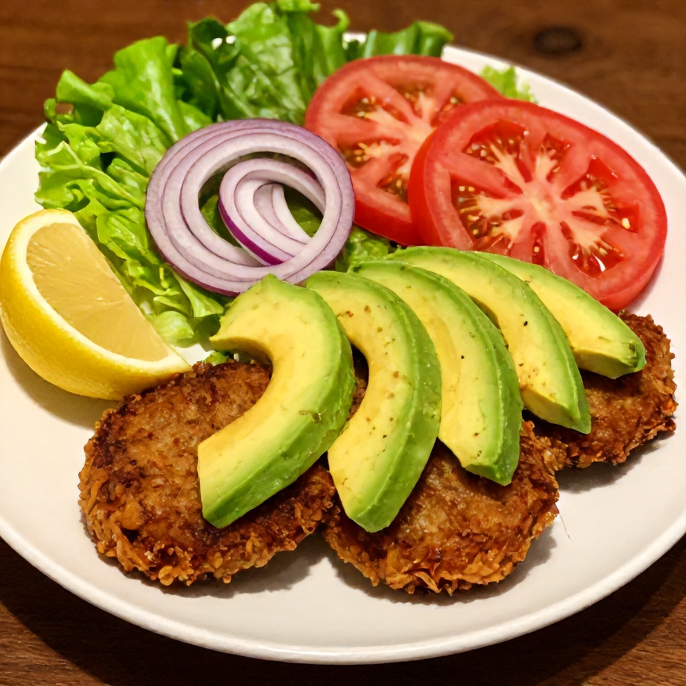 Plated crispy tuna patties with lemon wedge