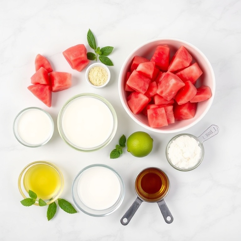 Watermelon, coconut milk, and sugar arranged in a flat lay