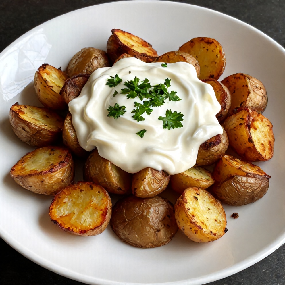 Finished Za’atar Smashed Potatoes with Creamy Tahini Yogurt