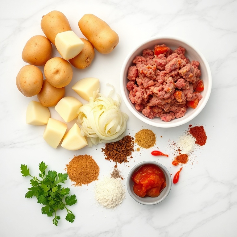 Raw ingredients for Aloo Keema: potatoes, ground meat, onions, tomatoes, spices