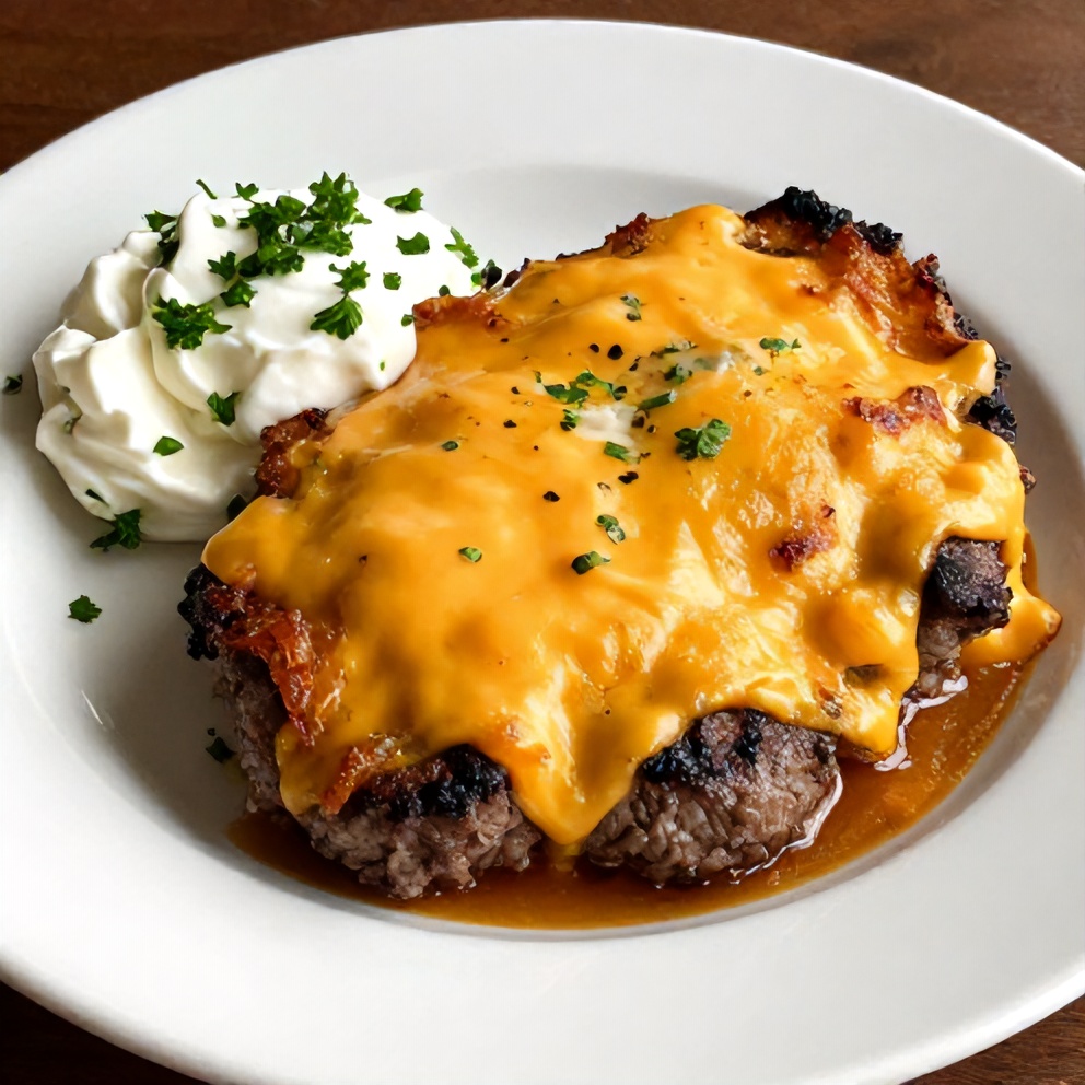 Plated Amish Hamburger Steak Bake with Cheddar Cheese