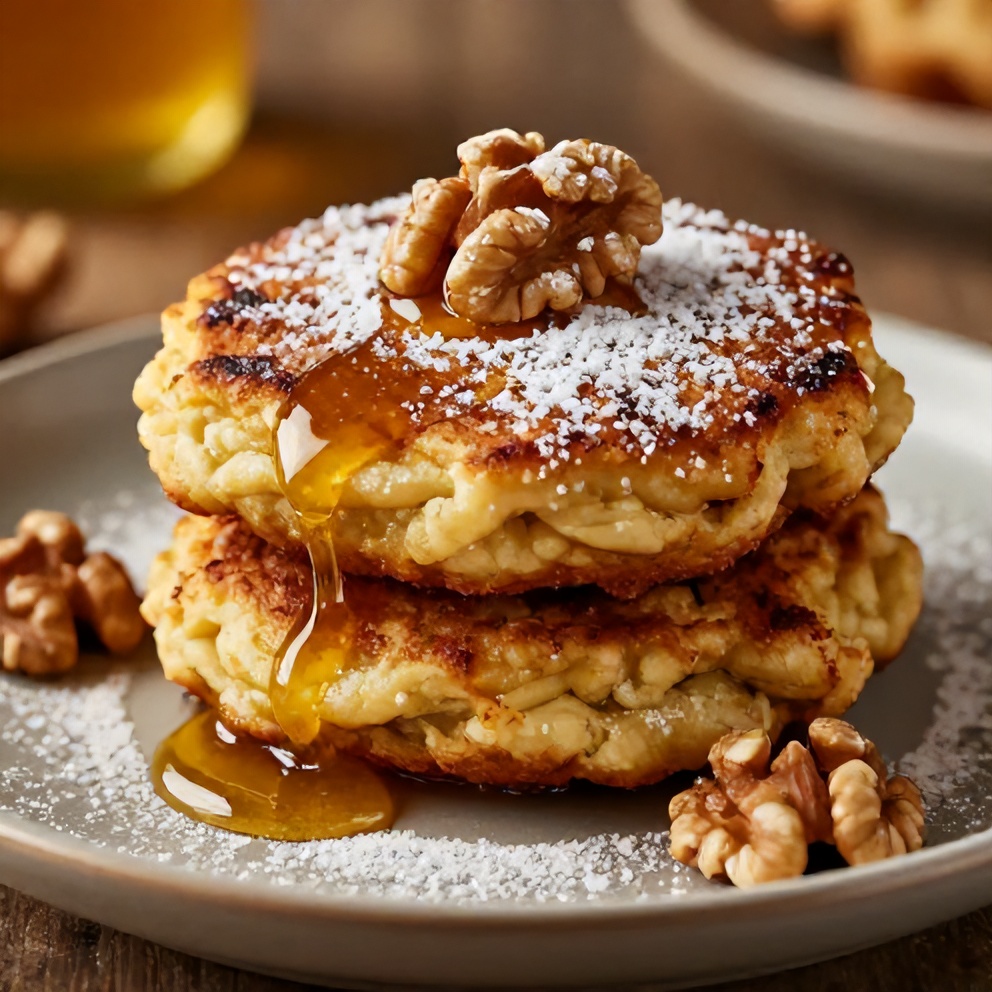 Plated cinnamon banana fritters with honey drizzle