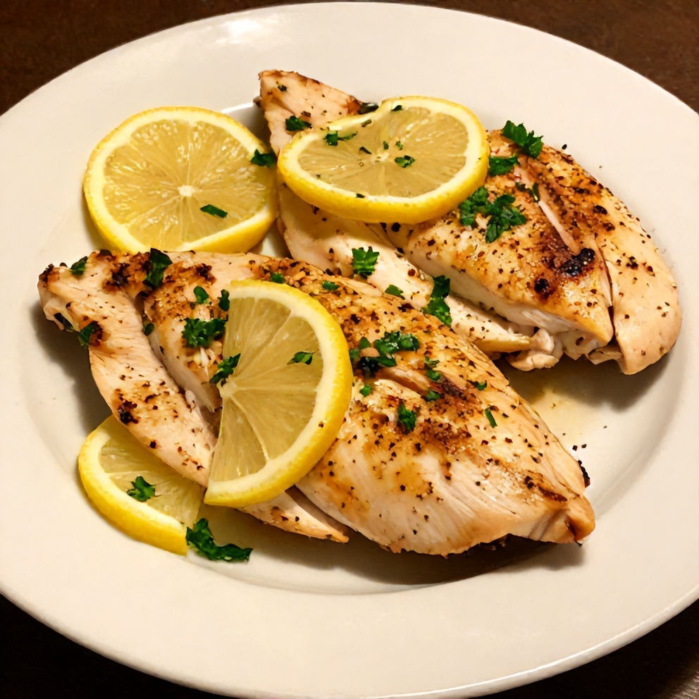 Plated lemon pepper chicken breast with lemon slices and parsley garnish
