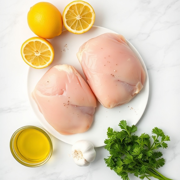 Raw ingredients for lemon pepper chicken: chicken breasts, lemons, pepper, garlic, olive oil, salt, and parsley