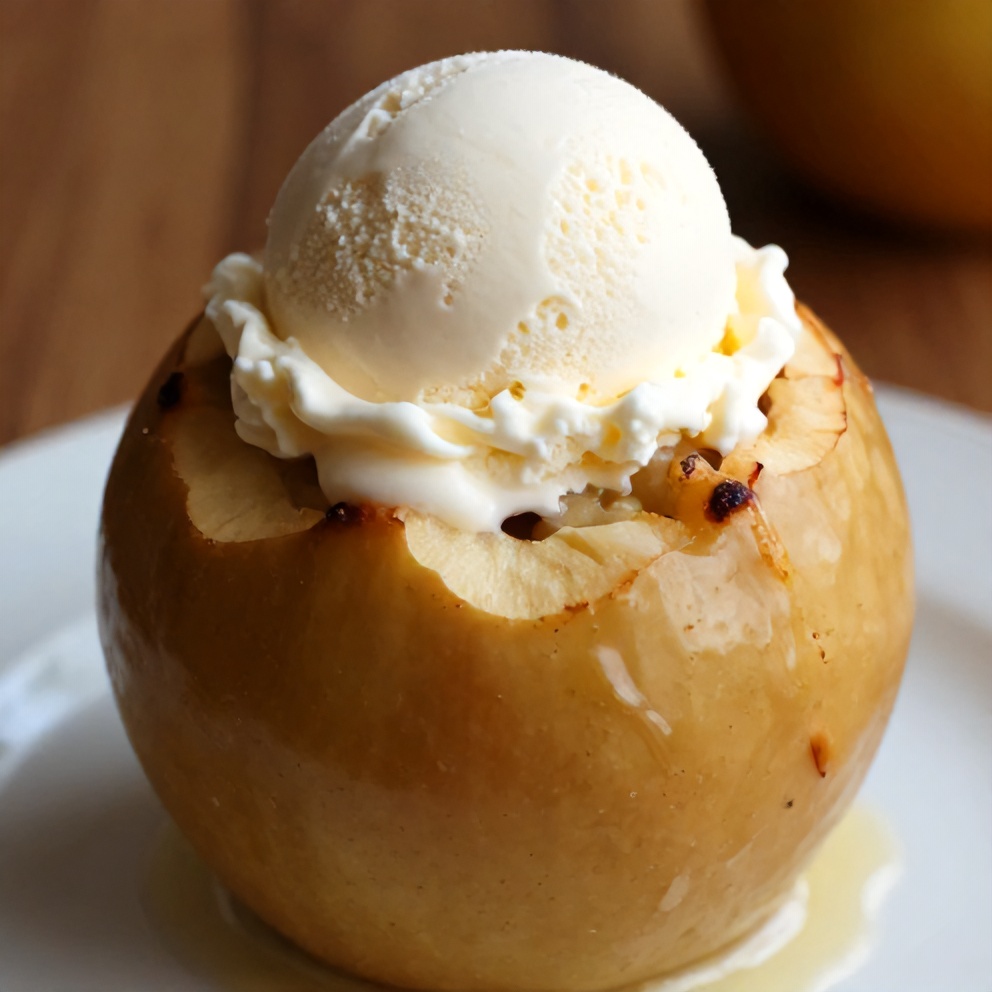 Plated baked stuffed apple with a scoop of vanilla ice cream