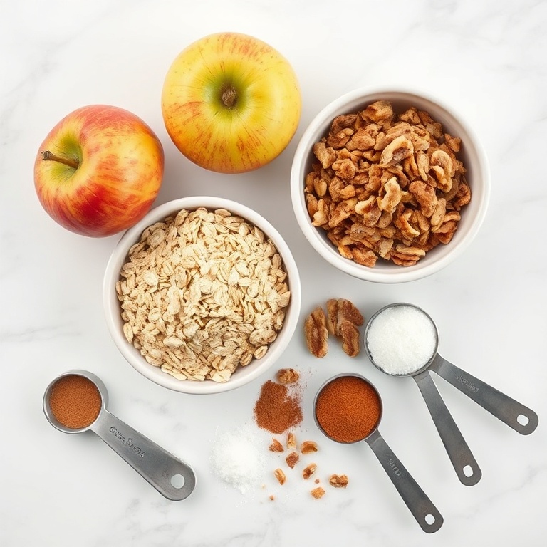 Raw ingredients for baked stuffed apples on a marble surface