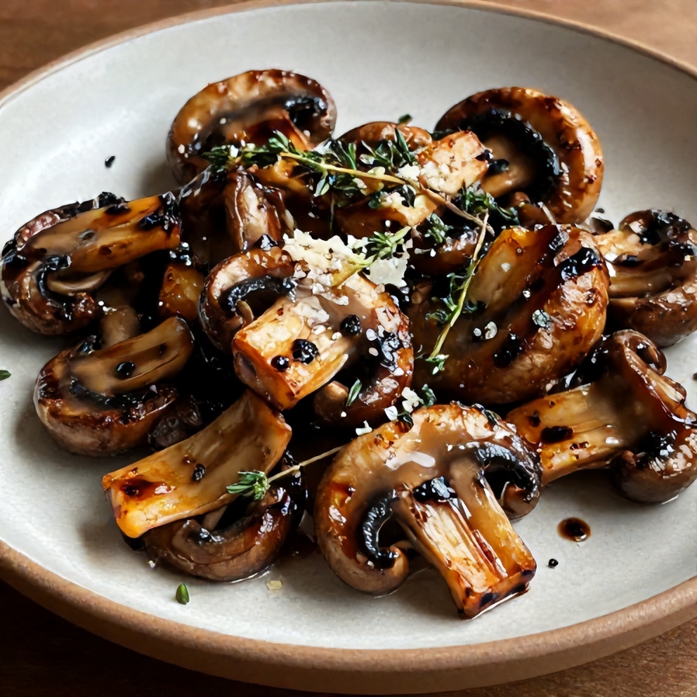 One perfect serving of balsamic roasted garlic mushrooms on a rustic plate, garnished with fresh thyme and a sprinkle of parmesan.