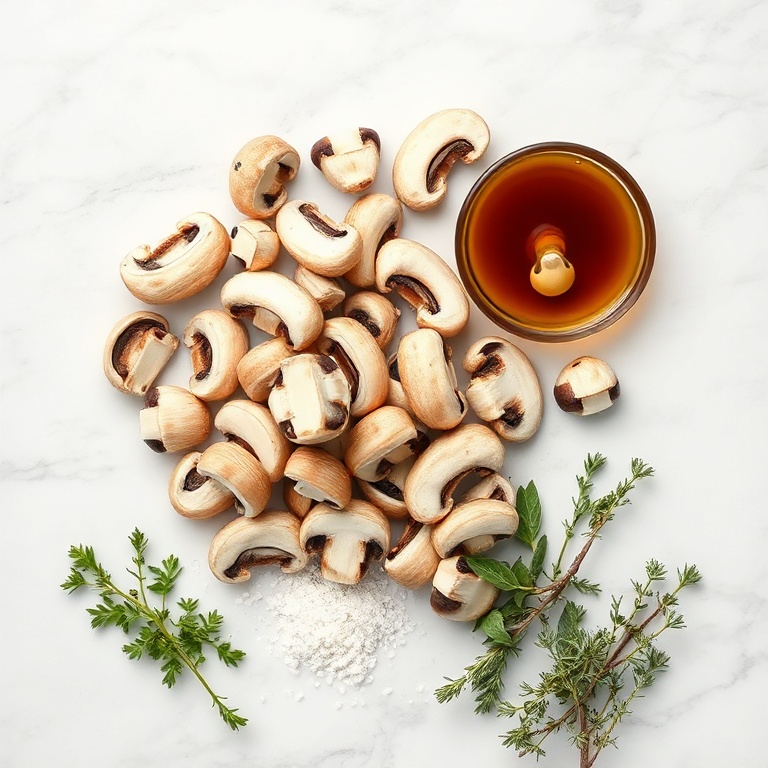 Overhead flat lay of sliced mushrooms, minced garlic, balsamic vinegar, olive oil, salt, pepper, and fresh thyme. White marble surface, bright even light.
