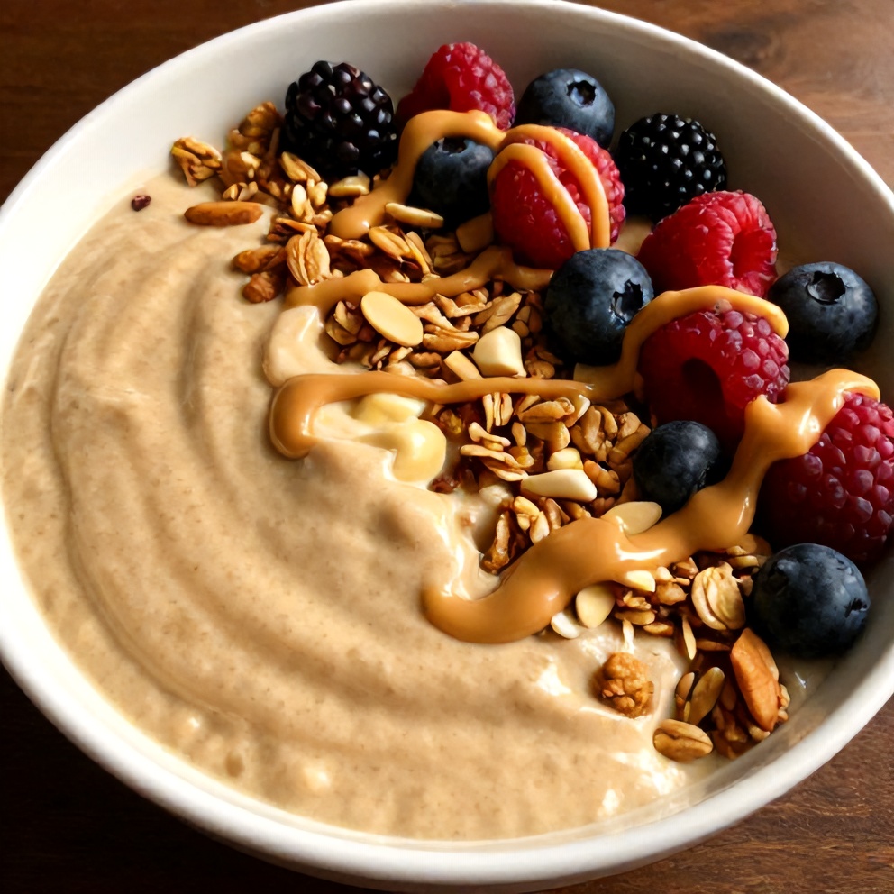 Finished Banana Peanut Butter Oat Smoothie Bowl with toppings