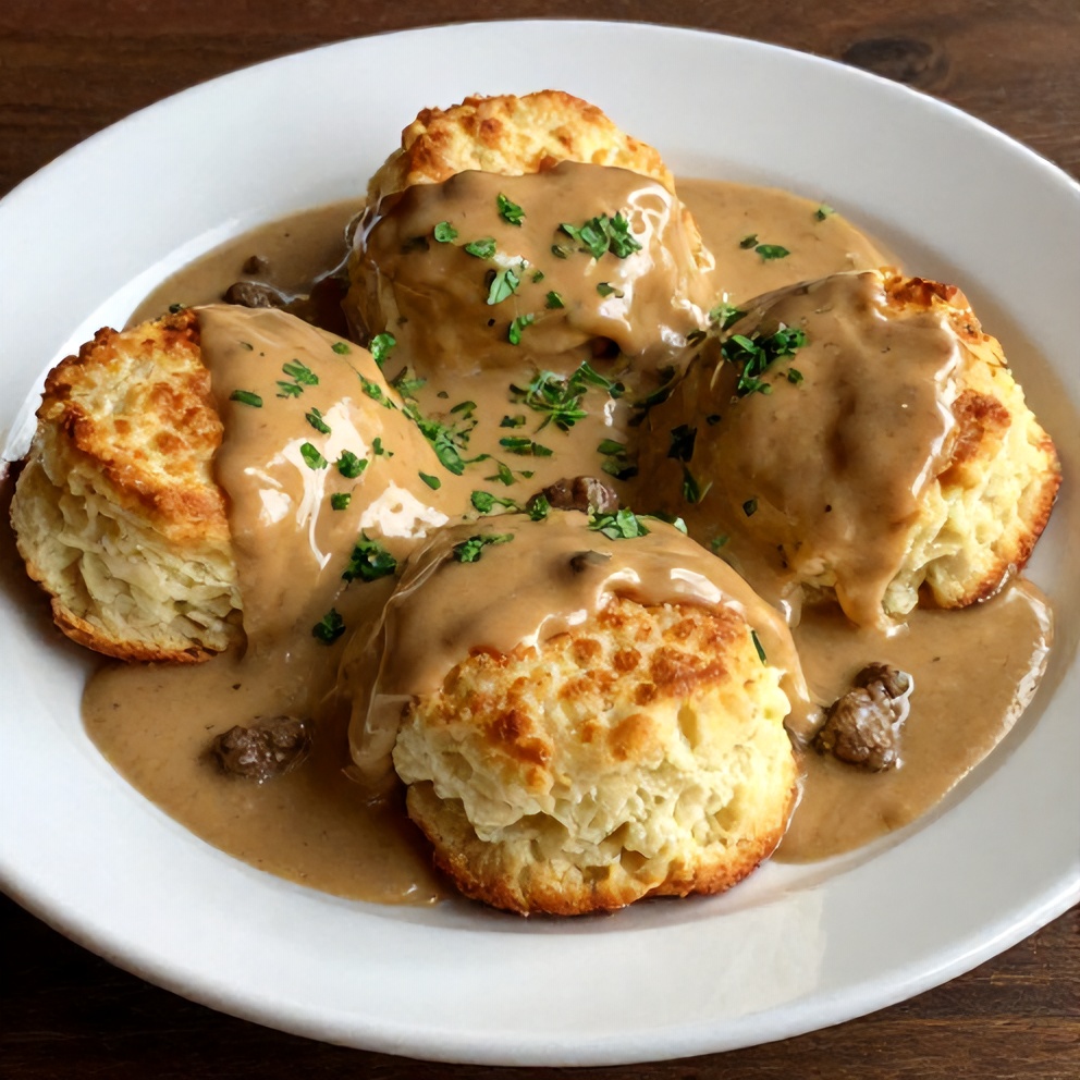 Plated serving of biscuits and sausage gravy breakfast pizza