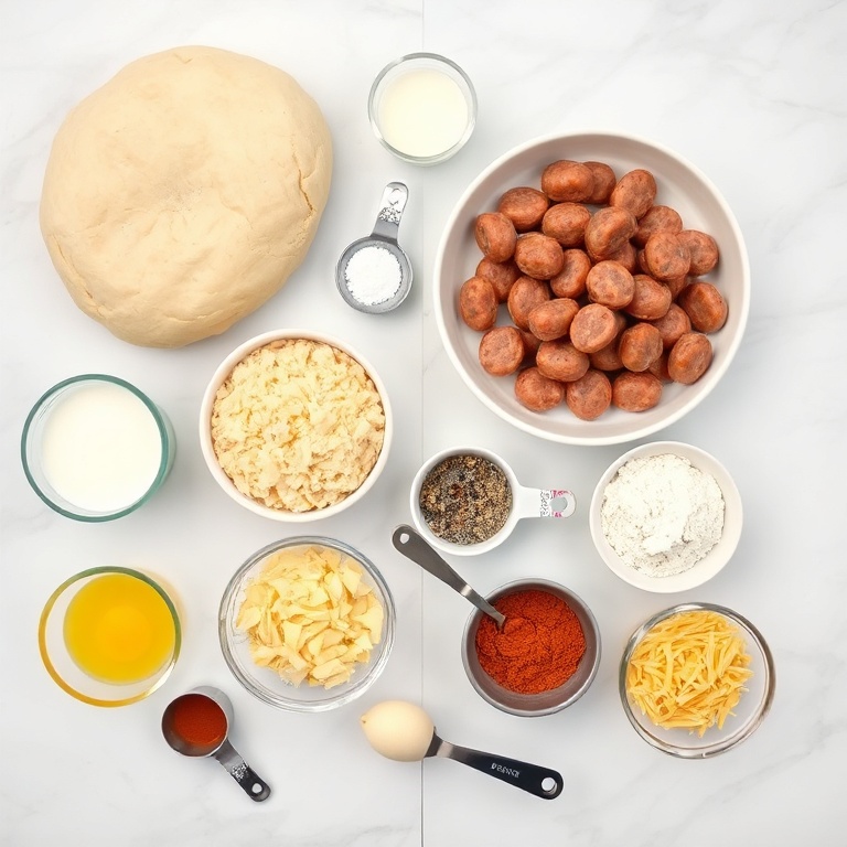 Raw ingredients for biscuits and sausage gravy breakfast pizza