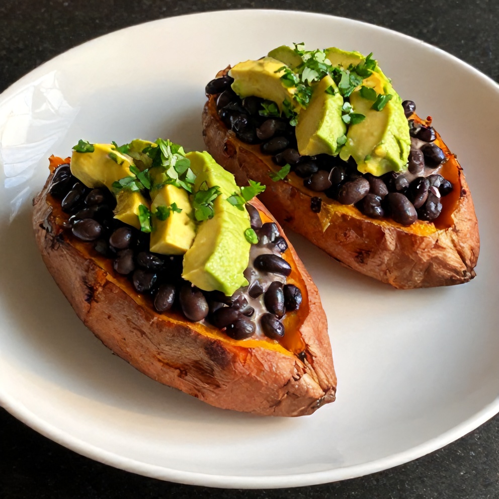 Black Bean Stuffed Sweet Potatoes on a plate with avocado and cilantro
