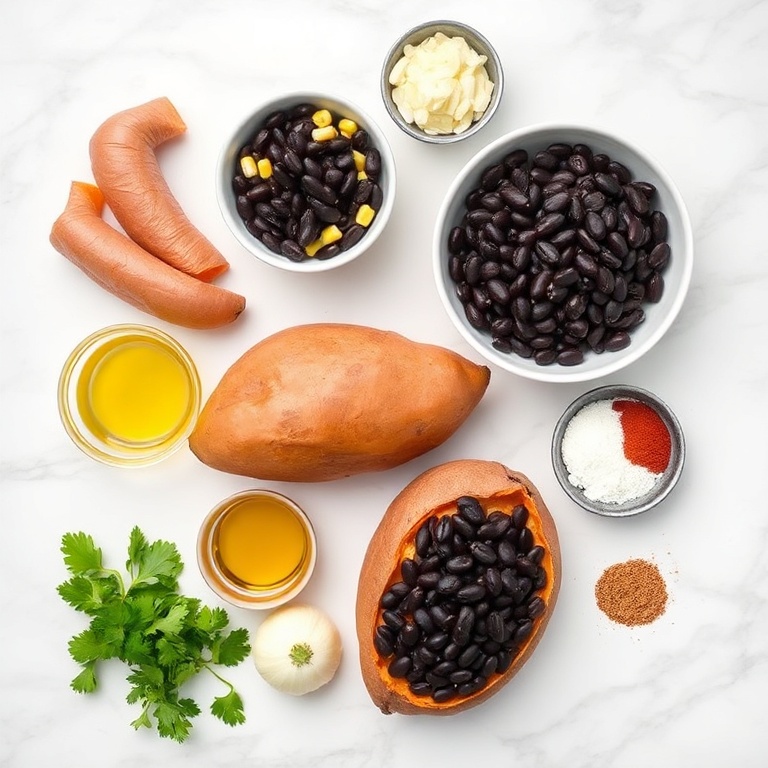 Raw ingredients for Easy Black Bean Stuffed Sweet Potatoes on a marble surface